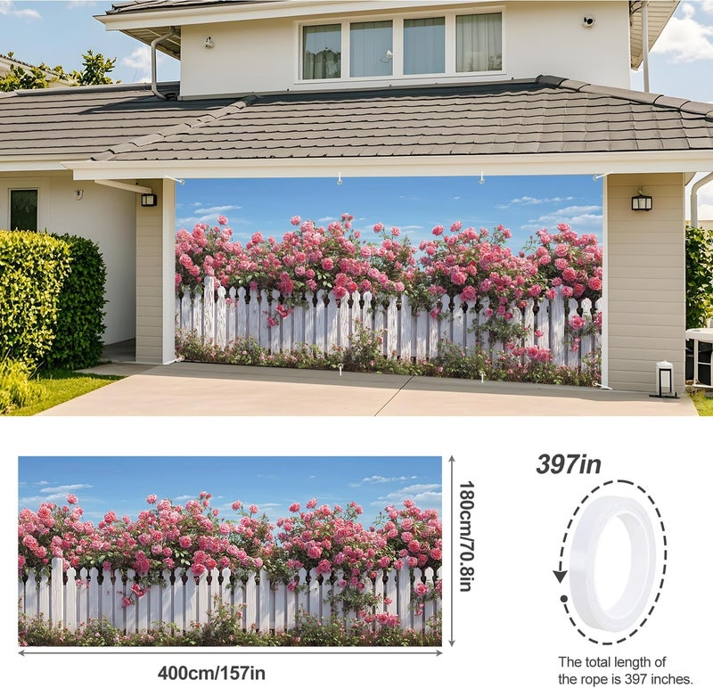 ANNA QUEEN Rose Garden Garage Door Banner 6x13FT, Pink Roses and White Fence Garage Door Cover, Large Outdoor Floral Decoration for Garage Doors, Garden Fence & Spring Summer Party Backdrop - Image 3